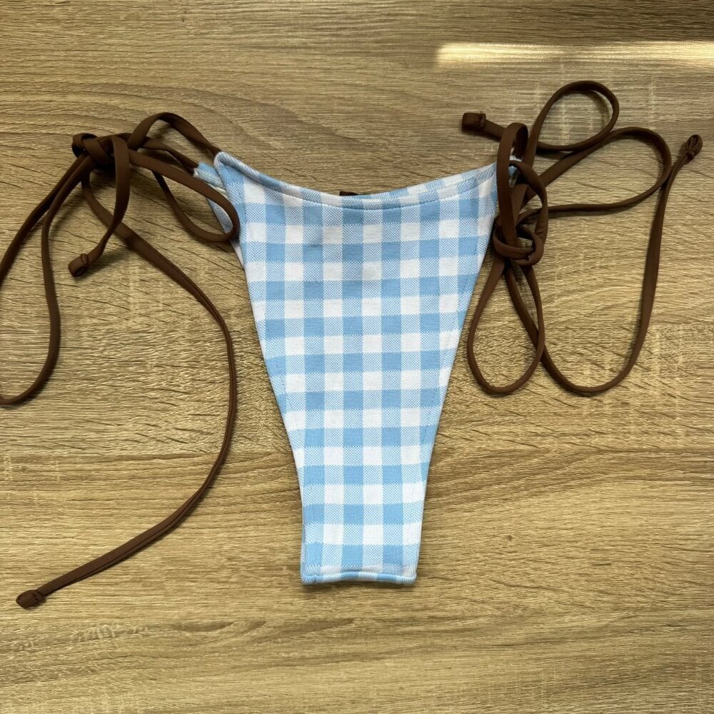 New Frankies Bikinis Divine String Bikini Bottoms Gingham Blue Brown Large - Picture 3 of 9